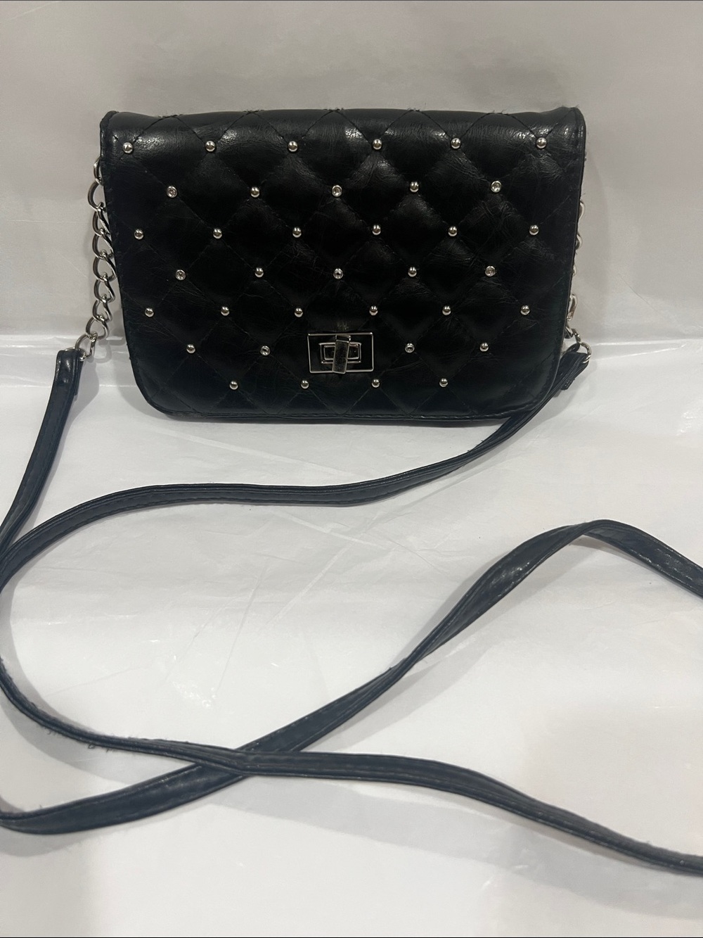 Claire's Black Quilted Crossbody Bag with Silver Studs